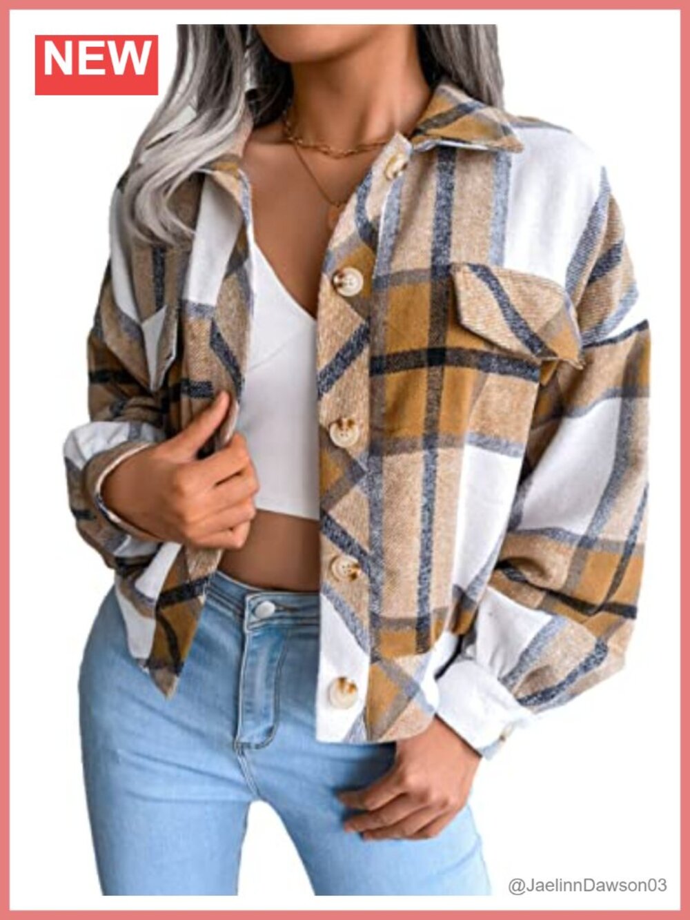 Cropped Corduroy Plaid Shacket Button Up Long Sleeve Jacket